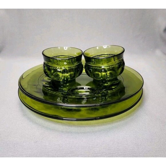 Snack Plates & Cups Indiana Glass King's Crown Thumbprint Avocado Green Vintage - Picture 3 of 8